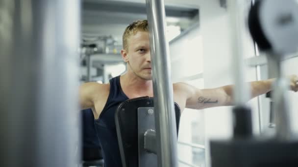 Sportsman levantar peso en el aparato de entrenamiento en el gimnasio — Vídeos de Stock