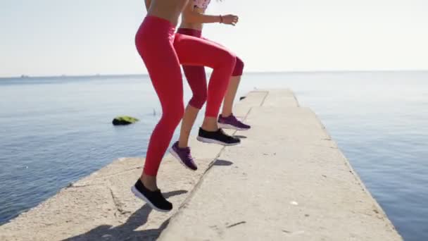 Sportswomen doing crossfit exercise on sea pier — Stock Video