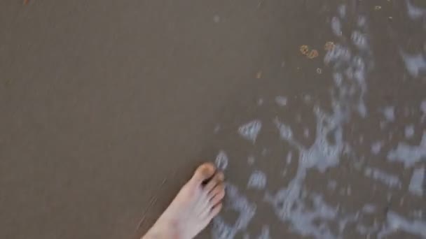 Vue à la première personne les jambes de l'homme vont sur les vagues de mer — Video