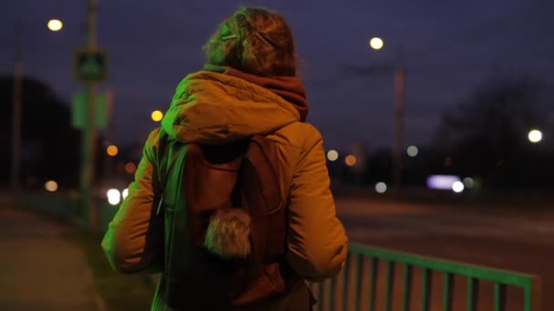 Gece yolundaki trafiğe bakan kadının arkası. — Stok video