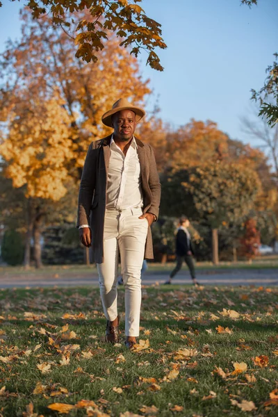 Fashion Portrait Stylish African American Man Wear Hat Walking Autumn — Stock Photo, Image