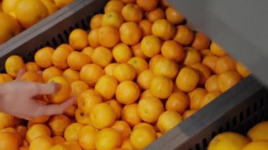 Bir markette raftan mandalina meyvesi al.