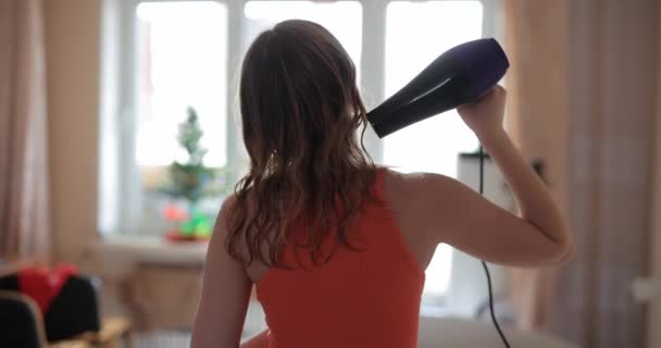 Ung kvinna torkar hår hemma, bakifrån — Stockvideo