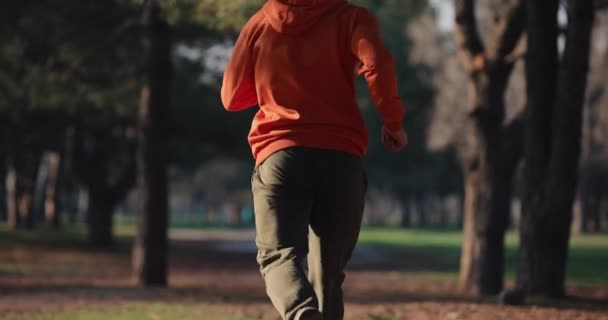 En man joggar, springer i en park, slow motion, bakifrån — Stockvideo