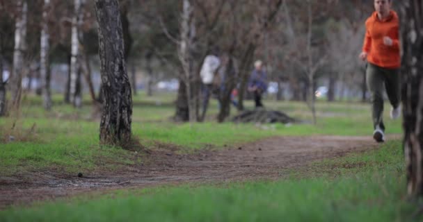 Férfi lábak kocogás, futás a parkban, lassított felvétel — Stock videók