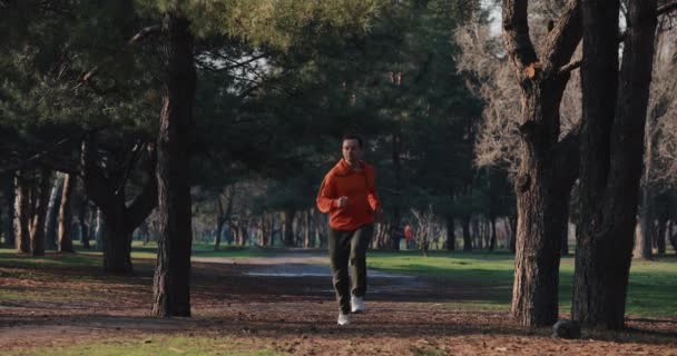 Un homme en train de courir dans un parc, au ralenti — Video