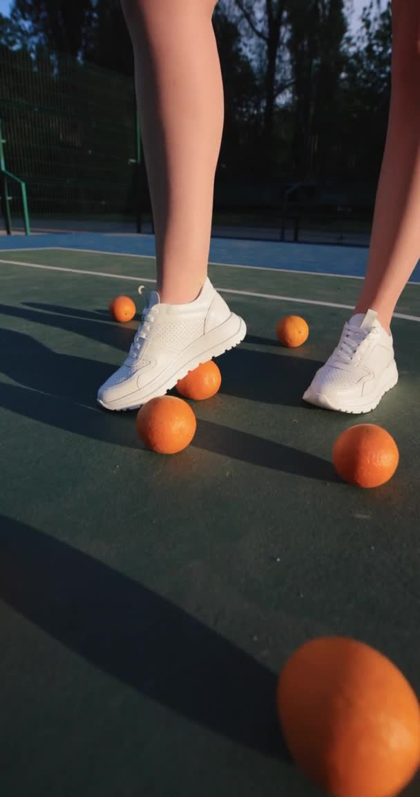 Vrouwelijke witte sneakers in oranje vruchten op een tennisbaan, verticale video — Stockvideo