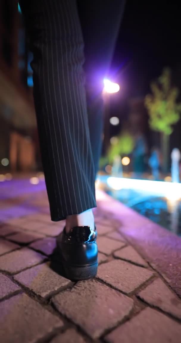 암컷의 다리는 밤 도시에서 걷고, 수직 영상은 — 비디오