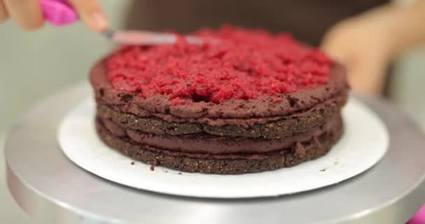 Spreading raspberry jam on a cake — Stock Video