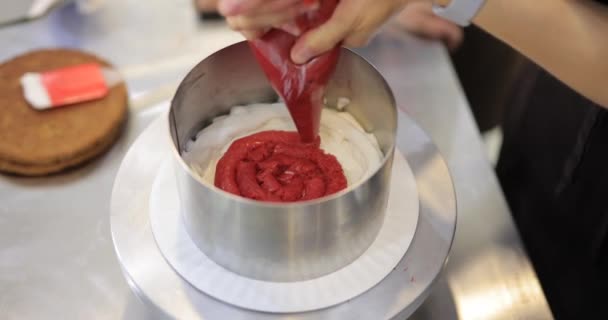 Squeeze raspberry jam on a cake — Stock Video