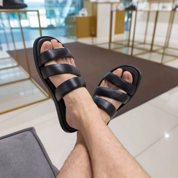 Pov Man Wearing New Black Sandals Shoes Store — Foto Stock