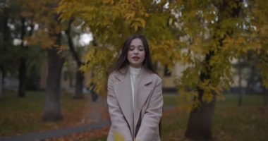 Bir kadın sarı sonbahar yapraklarını yavaş çekimde fırlatır.