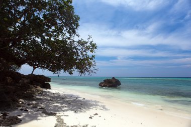 El değmemiş tropikal plaj sahil şeridi, turkuaz manzarası deniz wi