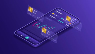 Kripto para birimi, bitcoin, ethereum, cardano, blockchain, mining, technology, Internet IoT, Security, mobil panel izometrik 3d illüstrasyon vektör dizaynı Cpu bilgisayar