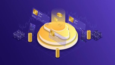 Kripto para birimi, bitcoin, ethereum, cardano, blockchain, mining, technology, Internet IoT, Security, mobil panel izometrik 3d illüstrasyon vektör dizaynı Cpu bilgisayar