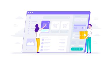 Kadın ekommerce ürün uygulaması, kredi kartı ödemesi, erkek ürün kutusu, kullanıcı arayüzü için uygun illüstrasyon dairesi, ui, ux, web, mobil, banner ve infografik.