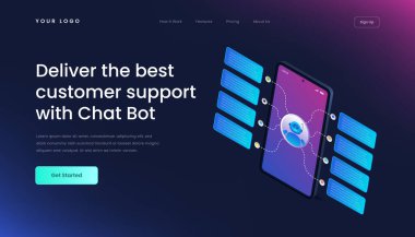 Chatbot teknolojisi web sitesi iniş sayfası gradyan 3d izometrik vektör çizimi