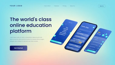 Gradyan Arkaplan ve Isometric 3d Vektör Tanımlama Mobil Kullanıcı Arayüzü ile dünya sınıfının çevrimiçi eğitim platformu İniş Şablonu