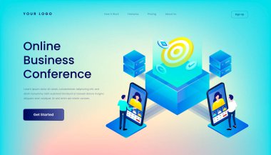 Online İş Konferansı İniş Şablonu Gradyan Arkaplan ve Isometric 3d Vektör İllüstrasyon Masaüstü Web Kullanıcı Arayüzü