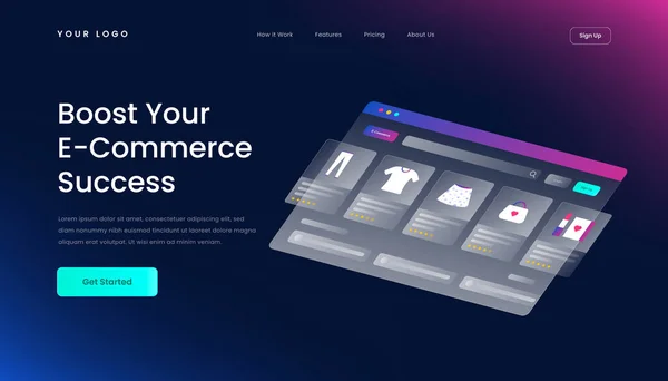 Boost Your Commerce Success Landing Page Template Gradient Background Isometric — Stock Vector