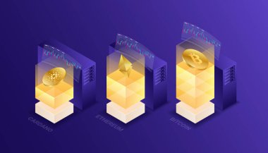 Kripto para birimi, bitcoin, ethereum, cardano, blockchain, madencilik, teknoloji, Internet IoT, güvenlik, izometrik 3d illüstrasyon vektör tasarımı Cpu bilgisayar