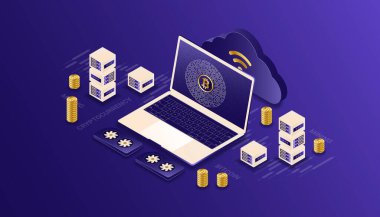 Kripto para birimi, bitcoin, blok zinciri, madencilik, teknoloji, internet IoT izometrik 3d illüstrasyon vektör tasarımı