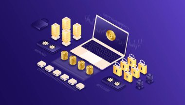 Kripto para birimi, bitcoin, engelleme zinciri, madencilik, teknoloji, Internet IoT, güvenlik, gösterge paneli izometrik 3d çizim vektörü tasarımı