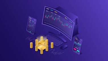 Kripto para birimi, bitcoin, engelleme zinciri, madencilik, teknoloji, Internet IoT, güvenlik, ilgili gösterge paneli izometrik 3d illüstrasyon vektör dizaynı Cpu bilgisayar