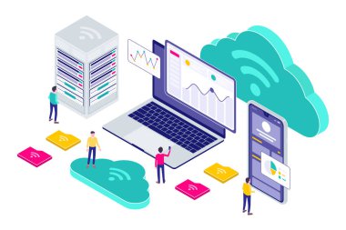 Isometric Cloud Technology Modern İllüstrasyon, Web Afişleri, Diyagramlar, Infographics, Kitap İllüstrasyonu, Oyun Varlığı ve Diğer Grafik Varlıkları İçin Uygun