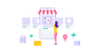 E-Commerce Woman Mobile Online Alışveriş Vektörü İllüstrasyonu, Web Afişleri, Infographics, Book, Social Media ve diğer Grafik Varlıkları İçin Uygun
