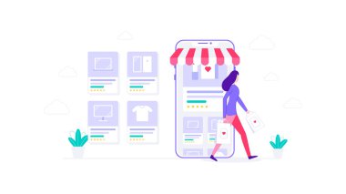 E-Commerce Woman Mobile Online Alışveriş Vektörü İllüstrasyonu, Web Afişleri, Infographics, Book, Social Media ve diğer Grafik Varlıkları İçin Uygun