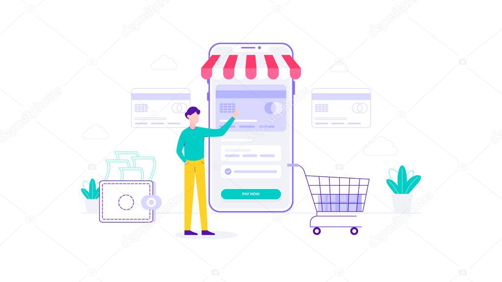 E-Commerce Payment Online Shopping Flat Vector Illustration, Suitable for Web Banners, Infographics, Book, Social Media, And Other Graphic Assets