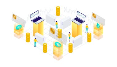 Kripto para birimi, bitcoin, ethereum, cardano, blockchain, madencilik, teknoloji, Internet IoT, güvenlik, mobil panel izometrik 3d düz çizim vektör Cpu bilgisayarı. Kullanıcı arayüzü, ui, ux, web, mobil, pankart ve bilgi için uygundur.