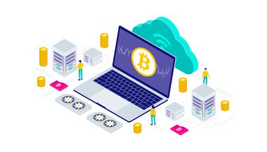 Kripto para birimi, bitcoin, blok zinciri, madencilik, teknoloji, internet IoT izometrik 3d düz çizim vektör tasarımı. Kullanıcı arayüzü, ui, ux, web, mobil, pankart ve bilgi için uygundur.