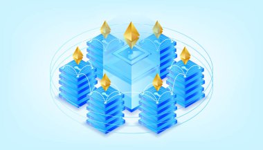 Gradyan izometrik nft makinesi. Şifreleme sanatı, ödenebilir olmayan sembolik makine çizimi. Kripto para birimi Ethereum. ui, ux, web, mobile, banner ve infographic için uygundur.