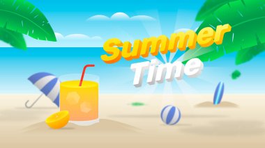 Turuncu buzlu, balonlu, sörf tahtalı ve şemsiyeli yaz plajı. Düzenlenebilir metin ile arkaplan çizimi.