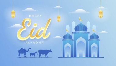 Kurban Bayramı Mübarek, Müslüman halk festivali arka planı, bayrak, gradyan mavi ve altın rengi temalı karşılama tasarımı kutlaması. Siluet kuzu, keçi ve deve. Cami Çizimi.