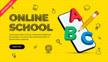 İnternette 3D resimli okul afişi. Dijital internet dersleri, kurslar, online eğitim. Web sitesi ve mobil uygulama geliştirme için banner şablonu. Düzenlenebilir Metin Efekti.