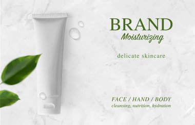 Beyaz nemlendirici krem tüpü. Lüks mermer arka plan gerçekçi vektör çizimi üzerinde damlalar ve çözülmüş yapraklar. Üst görünüm. Doğal organik biyo-cilt kozmetik kavramı