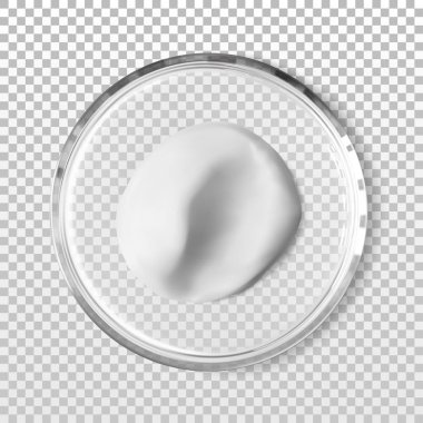 Cam petri kabındaki cilt bakımı kozmetik ürün örneği izole edilmiş gerçekçi vektör çizimi. Laboratuvar testlerini ve araştırmalarını kabul et