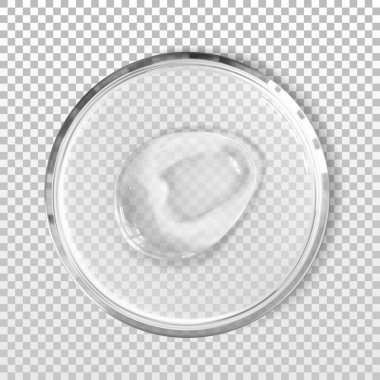 Petri kabındaki şeffaf jel lekesi izole edilmiş gerçekçi vektör çizimi. Laboratuvar testleri ve araştırmalar, kozmetik ürünleri. Yüz temizleyici, kabuk soyma, şampuan ya da duş jeli kokusu.