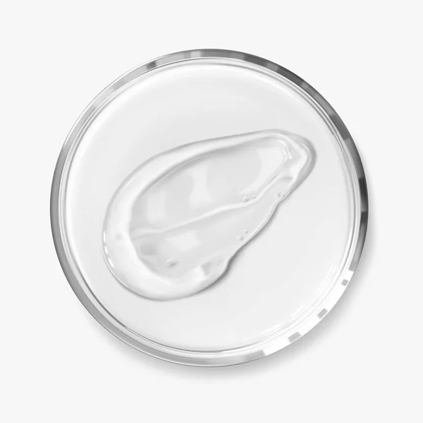 Petri kabındaki Aloe jeli izole edilmiş gerçekçi vektör çizimi. Şeffaf temiz yüz temizleyici lekesi, kabuk soyma, şampuan veya duş jeli, üst görünüm.