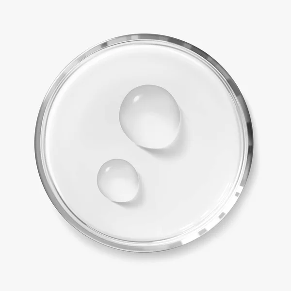 Petri kabına iki su damlası izole edilmiş gerçekçi vektör çizimi, üst görünüm. Laboratuvar testlerini ve araştırmalarını kabul et. Şeffaf kimya camları