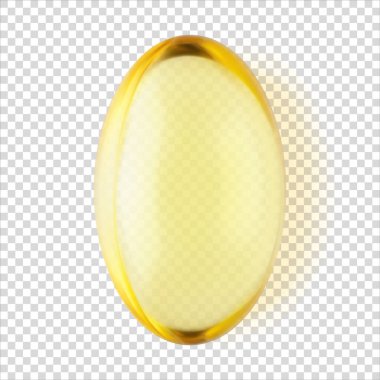 Şeffaf sarı kapsül E vitamini hapı 3 boyutlu gerçekçi vektör çizimini izole etti. Omega 3 'e yakın çekim. Tıbbi ve sağlık hizmetleri konsepti. Eczacılık ilaçları. İlaçlar, besinler ve probiyotikler