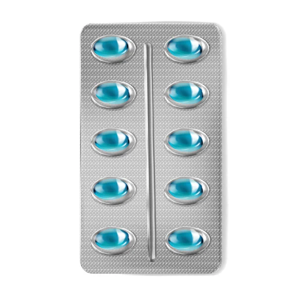 Pillen Blisterverpakking Realistische Vector Illustratie Blauwe Capsule Pijnstillers Tabletten Mockup — Stockvector