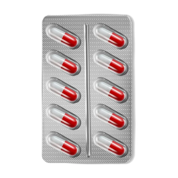 Pillen Blisterverpakking Realistische Vector Illustratie Witte Rode Capsule Antibiotica Tabletten — Stockvector