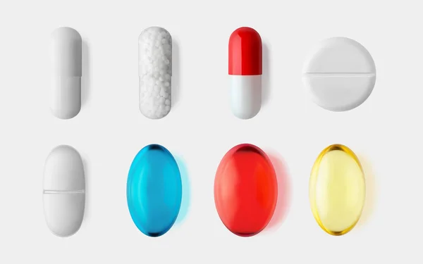 Pills Conjunto Isolado Ilustração Vetorial Realista Conceito Médico Saúde Medicina —  Vetores de Stock