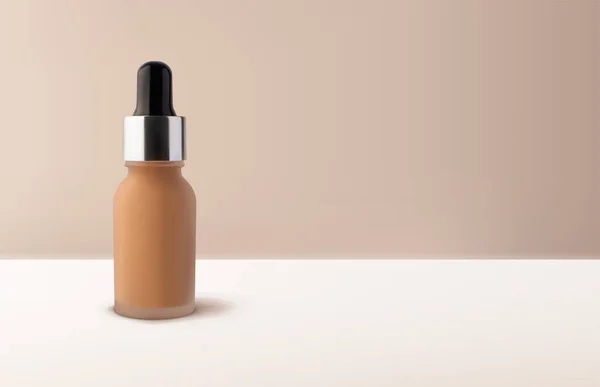 Mockup vloeibare tonale foundation make-up crème in glazen pot met druppelaar mockup 3d vector realistische illustratie op beige — Stockvector