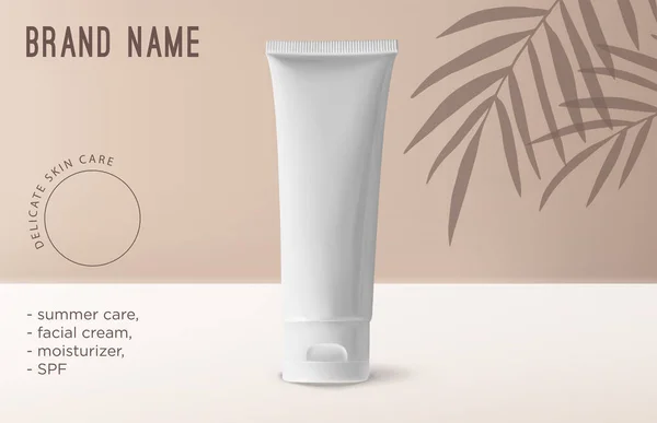 Mockup réaliste tube 3d pour les produits cosmétiques de beauté sur fond beige avec des feuilles tropicales de cocotier ombre — Image vectorielle