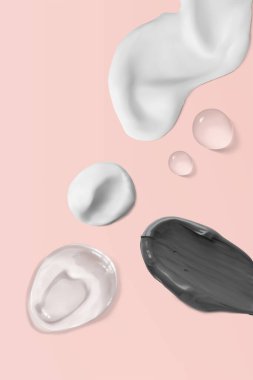 Pembe arka planda çeşitli kozmetik lekeler, dikey. Kozmetik dokular 3d gerçekçi vektör çizimi